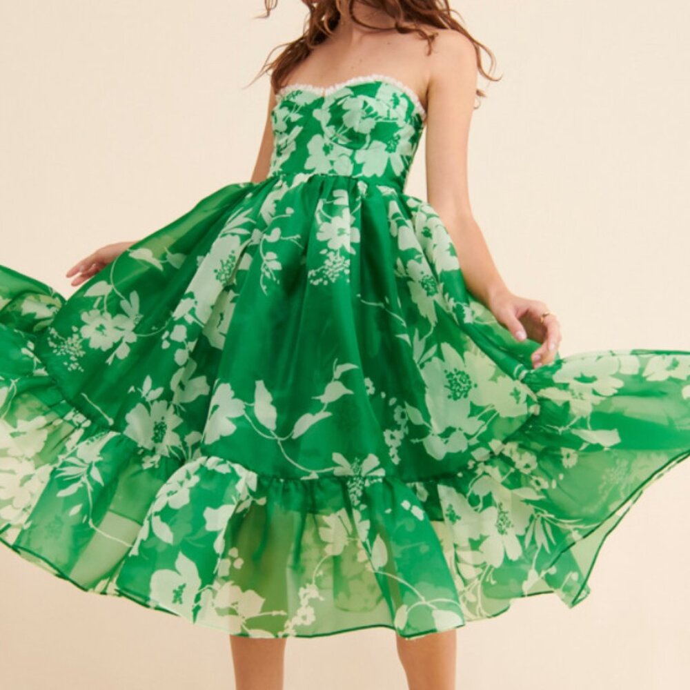Anthropologie Selkie Floral Corset Dress Puff Hem Green Tea Party (Size XL)